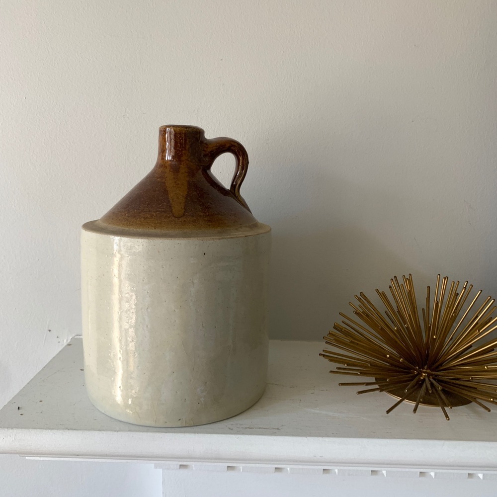 Vintage Two Tone Stoneware Whiskey Jug Brown Cream Salt Glazed Crock 8.5 Inch